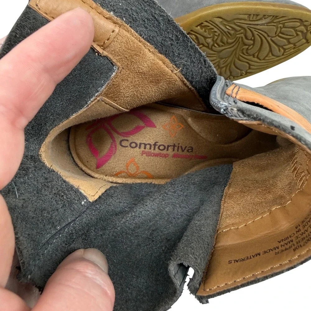 Comfortiva Karen Grey Leather Ankle Boot Tan Buckle Strap Pillowtop Heel 7M Boho